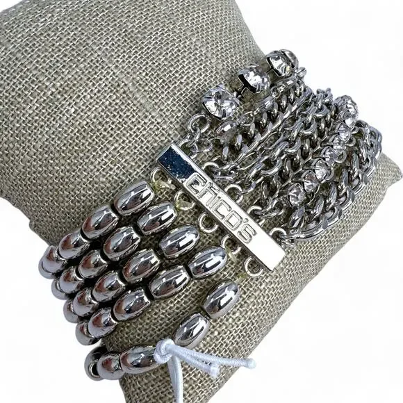 Chico’s Multi Strand Stretch Bracelet Rhinestone Chain Silver Tone Beads - Picture 3 of 5